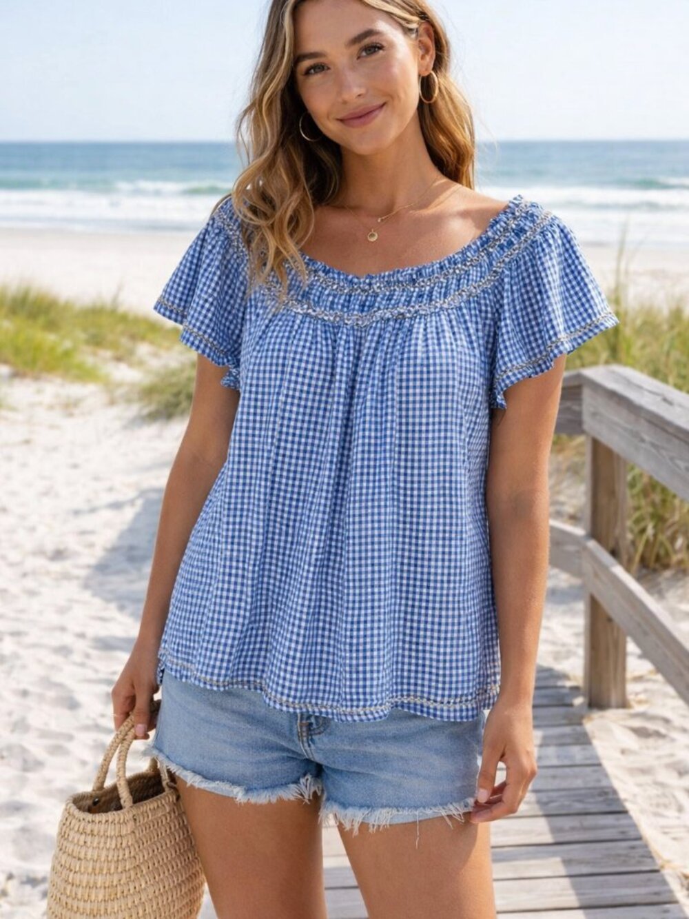 Max Studio Blue Gingham Off-Shoulder Tunic
